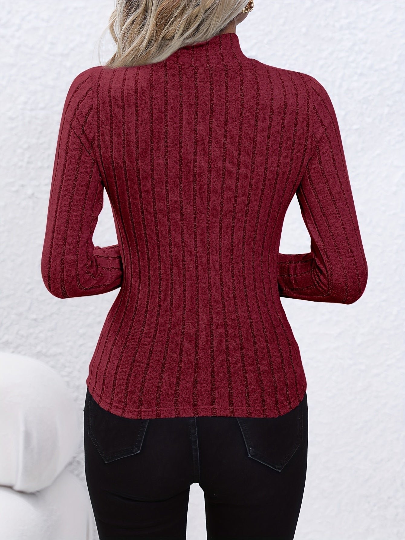 Solid Ribbed Mock Neck Pullover Sweater, Elegant Long Sleeve Sweater