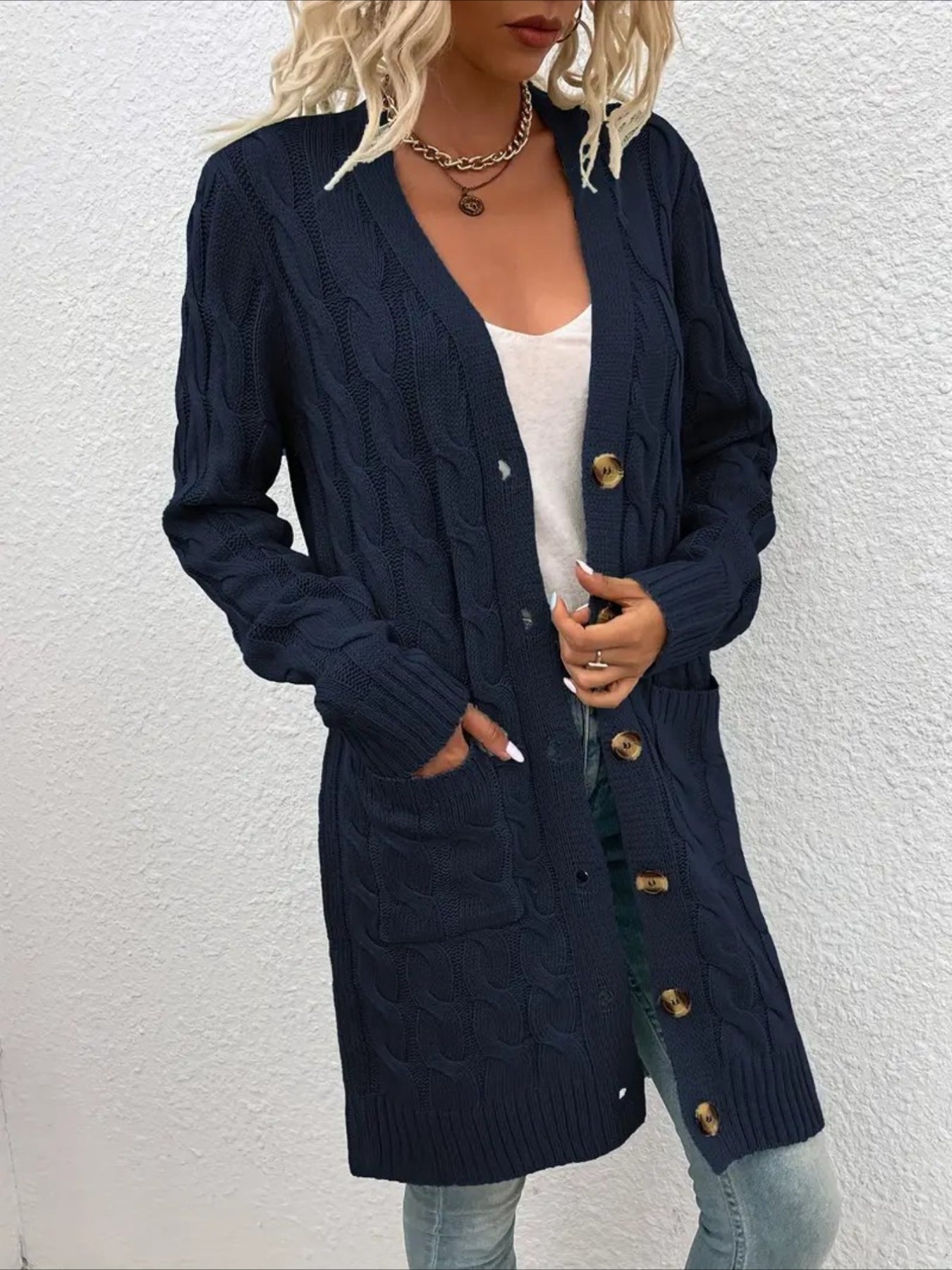 Elegant Long Nylon Soft Warm V-Neck Long Sleeves Sweater with Button Front