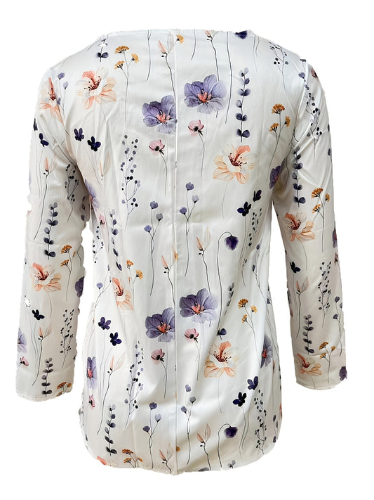 Women's Floral Print Button Up Half Sleeve V Neck Top