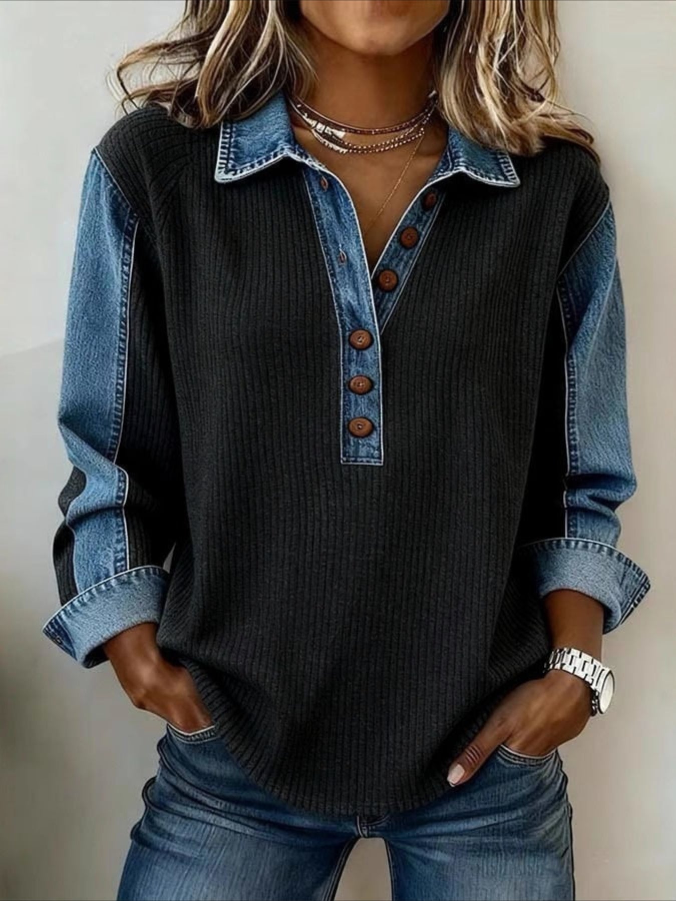 Casual Shawl Collar Color Block Sweatshirt