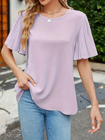 Solid Color Crew Neck Blouse, Elegant Pleated Sleeve Blouse