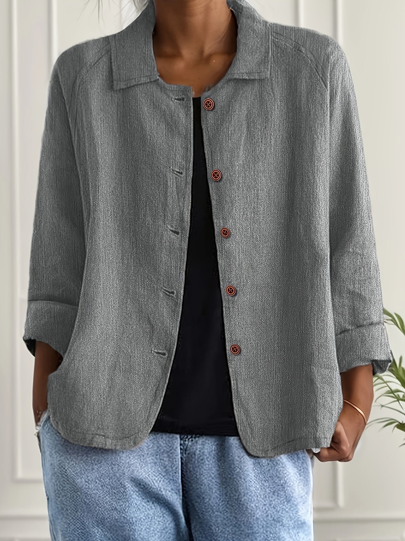 Long Sleeve Button-Up Solid Color Lapel Collar Shirt