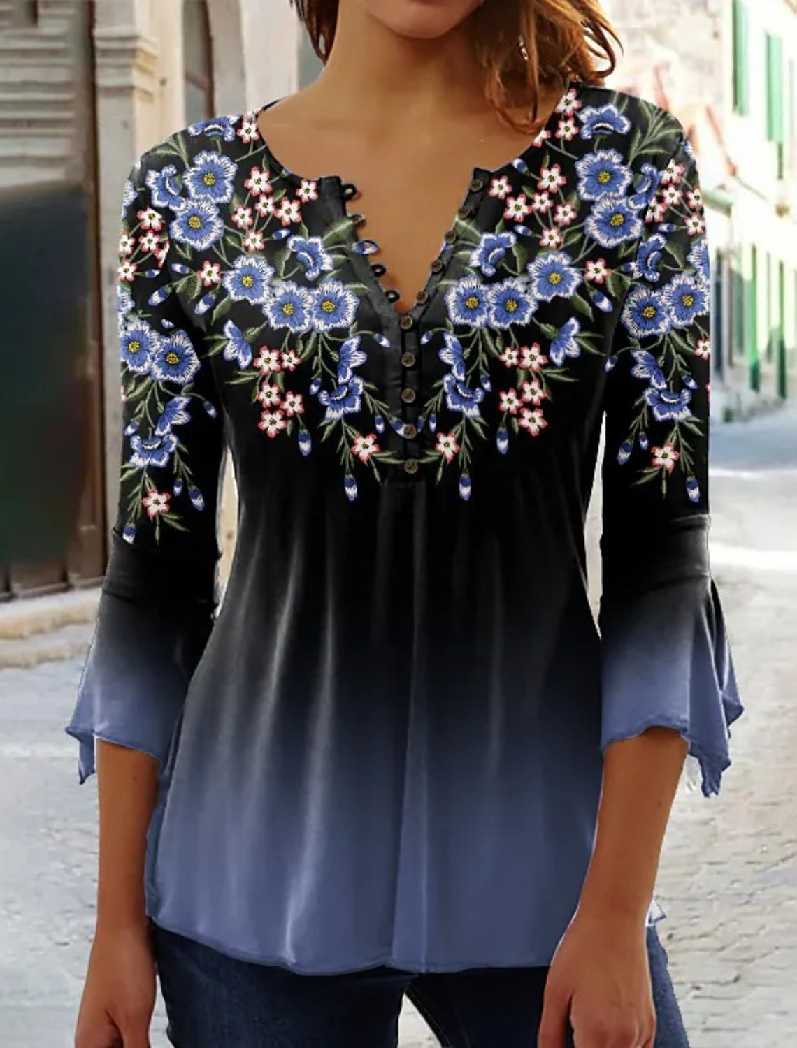 Women's Floral Button Print 3/4 Length Sleeve Casual Shirt