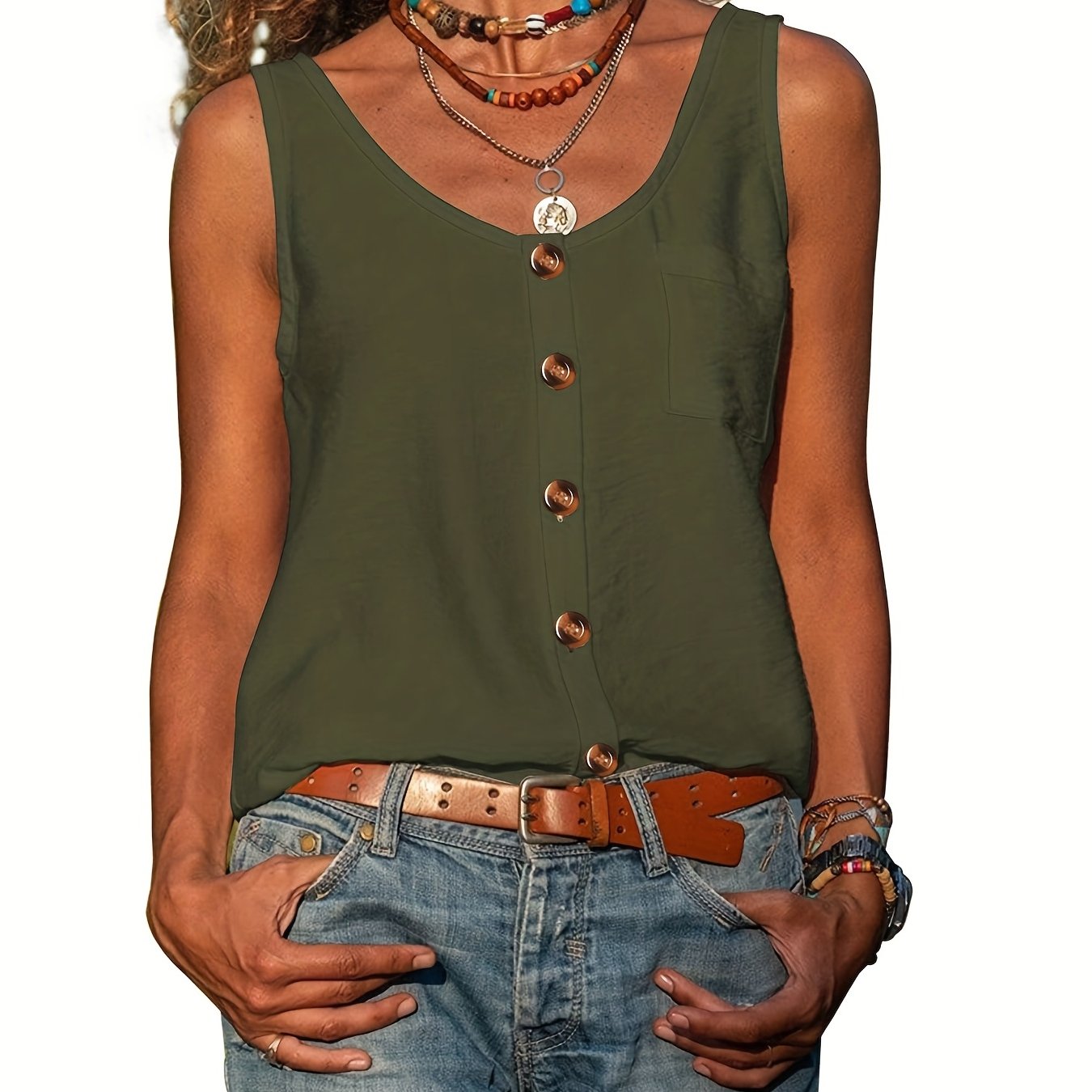 Button Front Scoop Neck Tank Top, Casual Summer Sleeveless Solid Tank Top