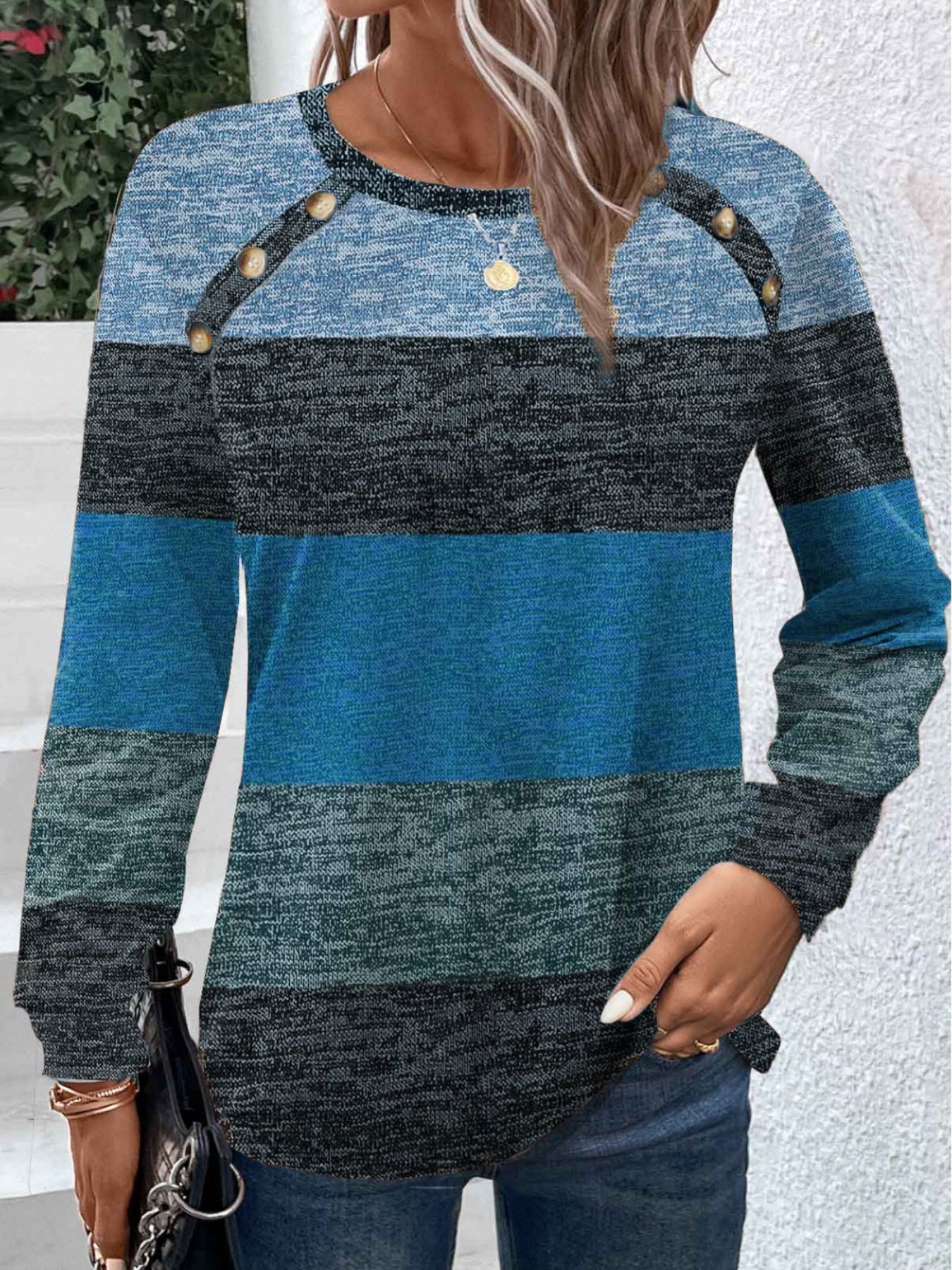 Colorblock Stripe Print Crew Neck T-Shirt, Casual Long Sleeve Top
