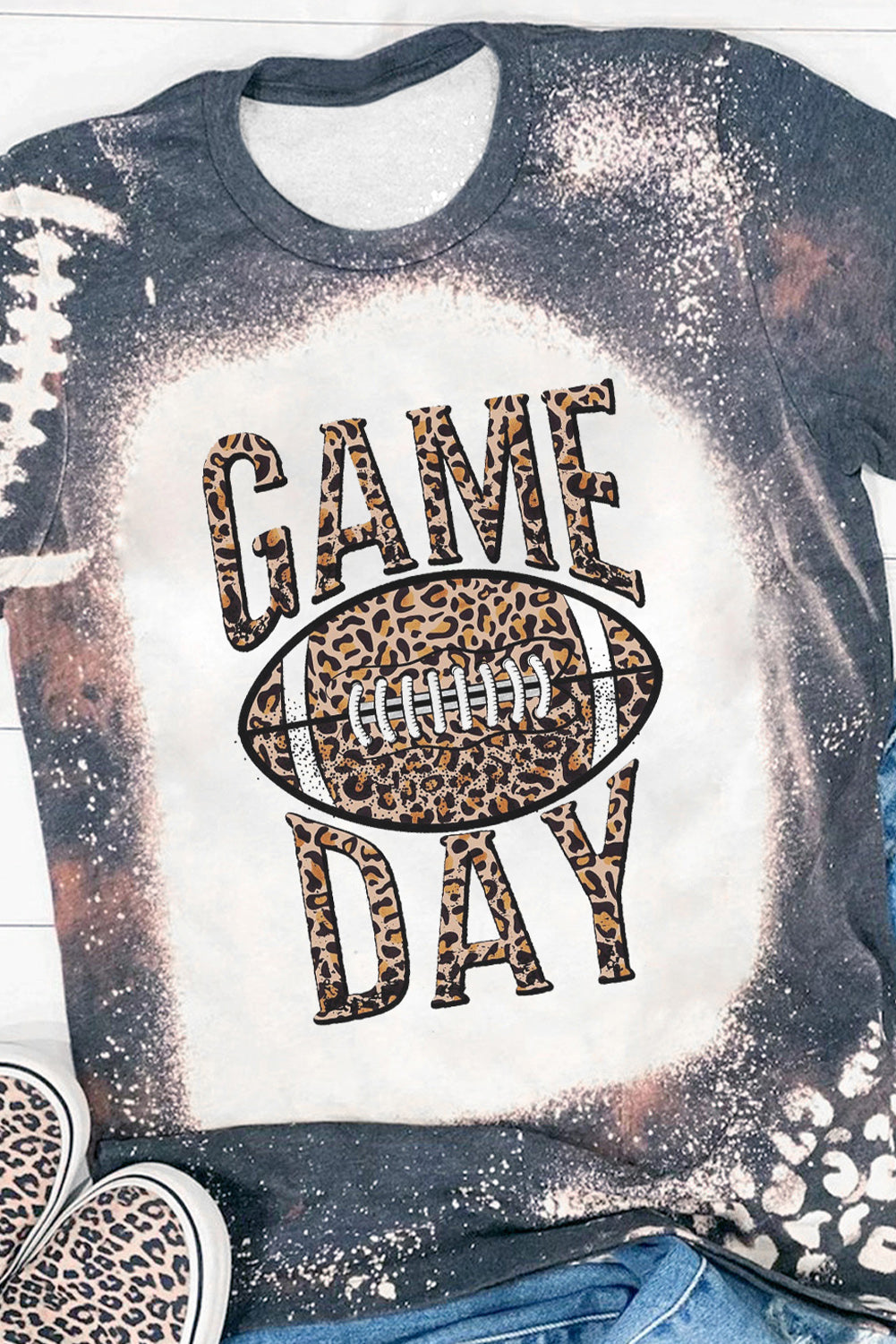 Multicolor GAME DAY Leopard Football Graphic Print Crew Neck T Shirt