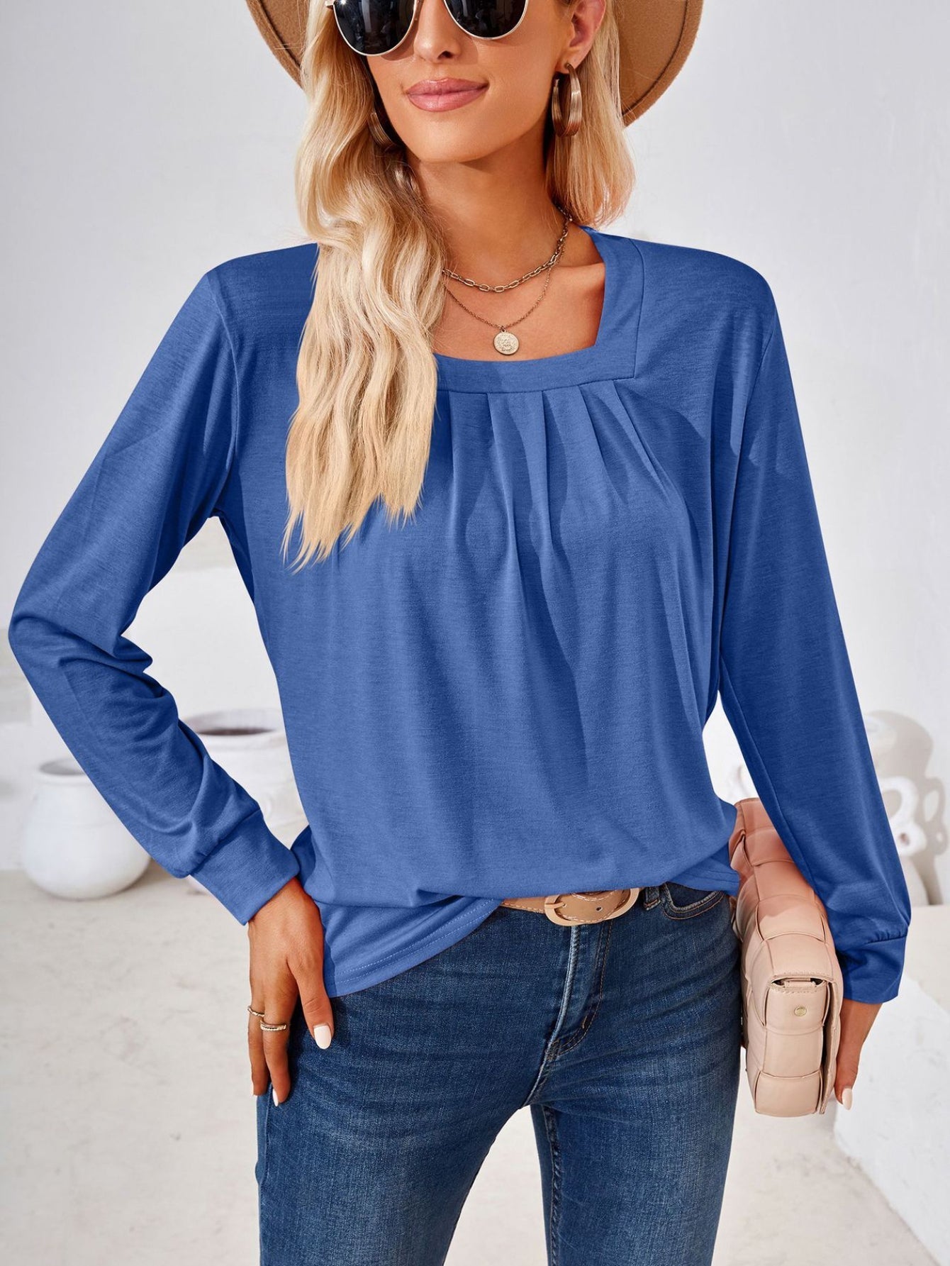 Solid Square Long Sleeve T-Shirt, Casual T-Shirt