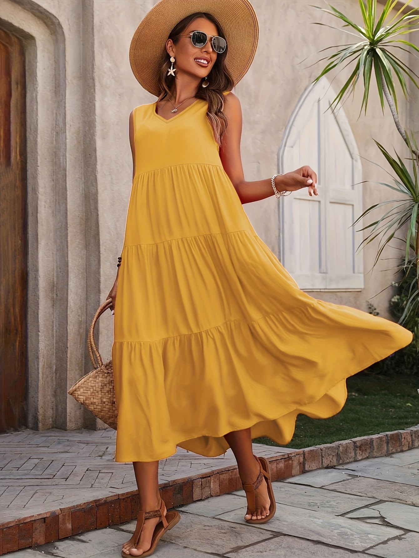 Loose V Neck Ruffle Hem Dress, Casual Sleeveless Dress