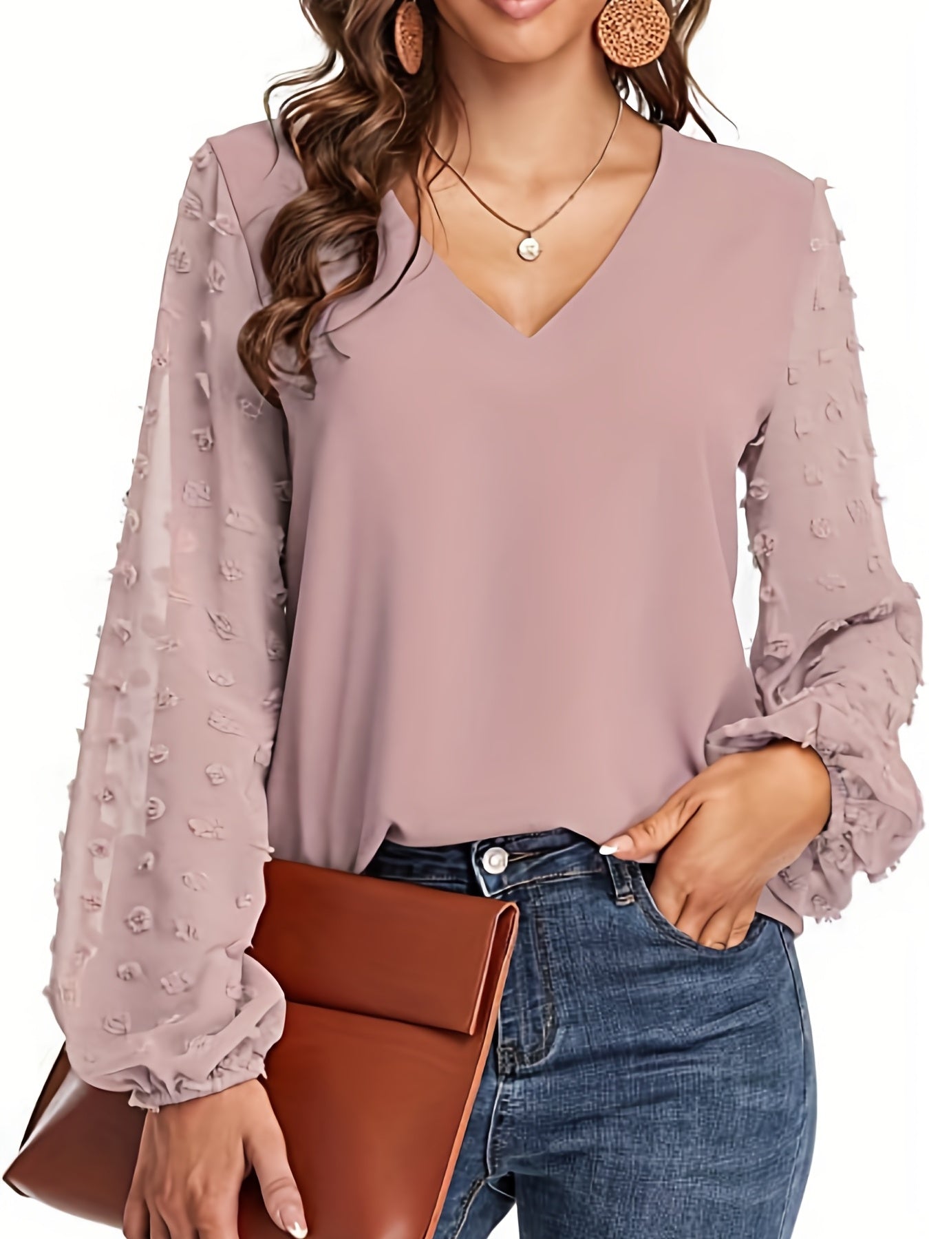 Swiss Dot Sleeve Shirt, Casual V Neck Solid Shirt