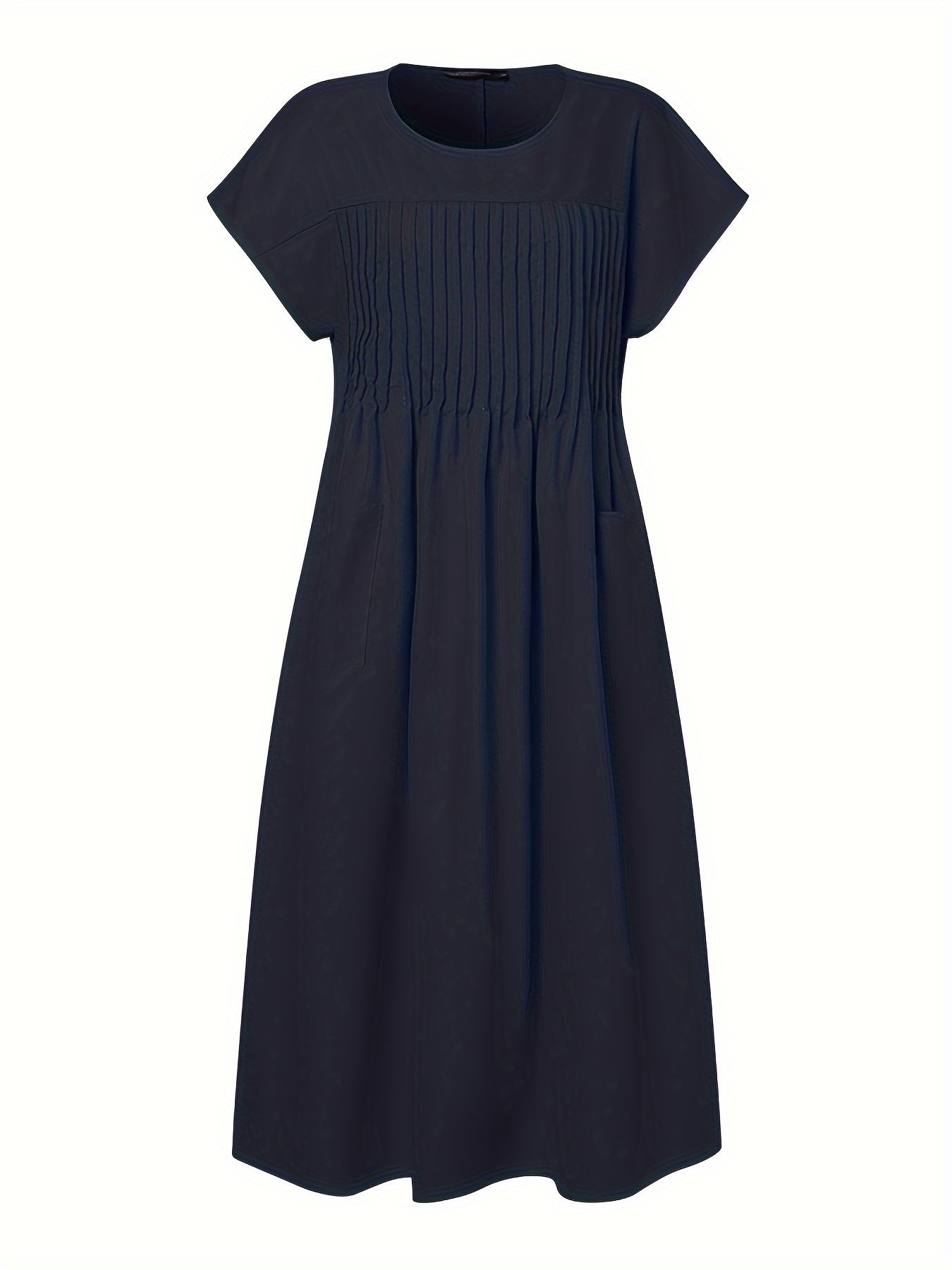 Solid Pintuck Midi Dress, Casual Crew Neck Short Sleeve Dress