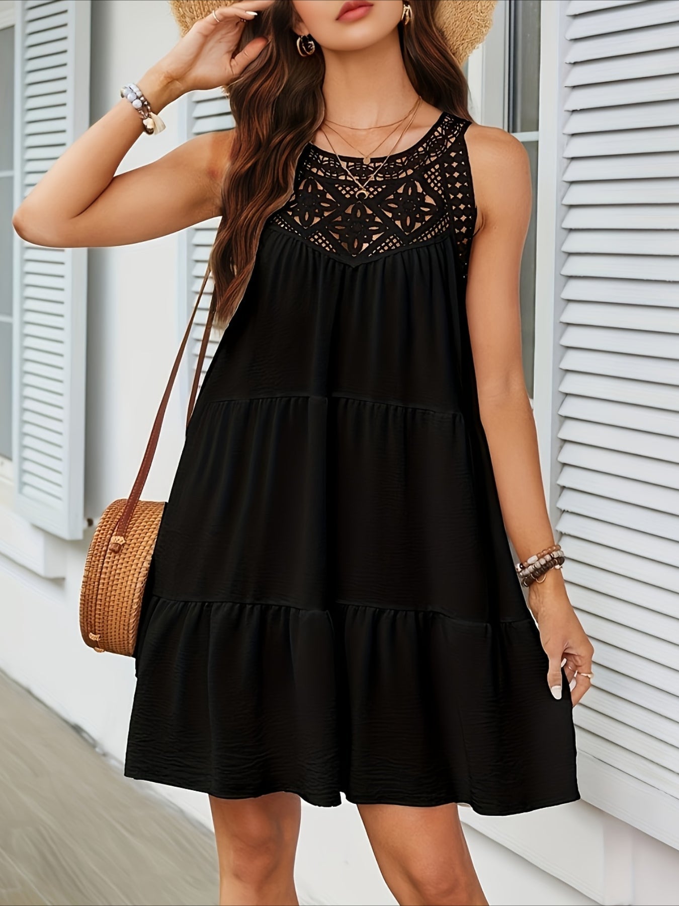Women's Fashion Sexy Sleeveless Round Neck Hollow Solid Color Style Short dress