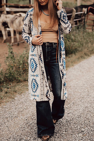 Sky Blue Western Aztec Printed Open Front Long Cardigan