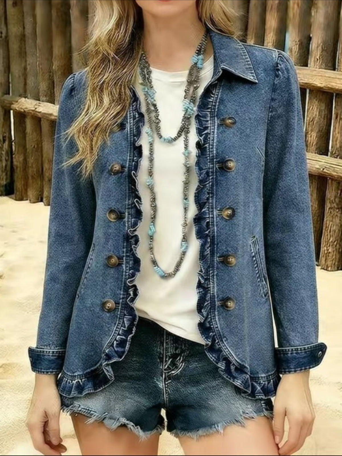 Ruffle Hem Short Lapel Double-breasted Ruffle Edge Jacket