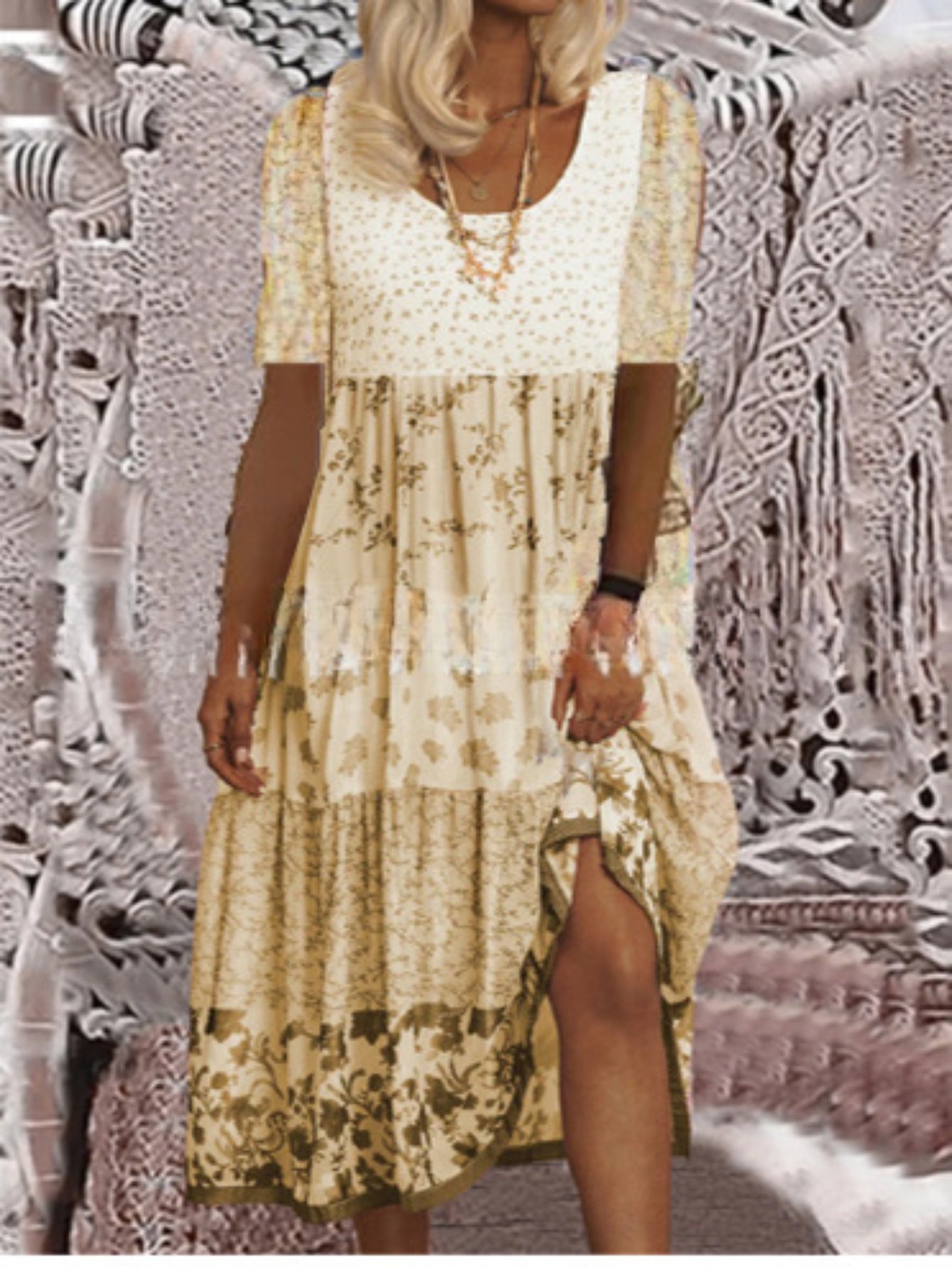 Colorblock Floral Print Dress - Comfortable and Stylish Short Sleeve High Stretch Dress