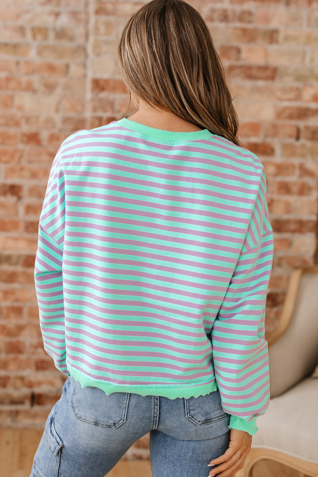 Green Stripe Exposed Seam Contrast Ribbed Trim Oversize Sweatshirt