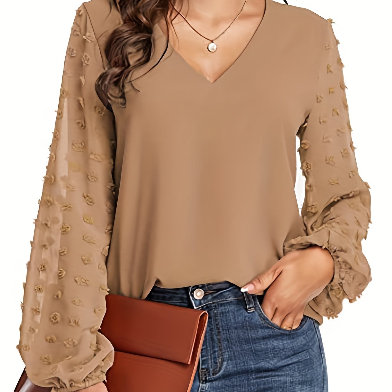 Swiss Dot Sleeve Shirt, Casual V Neck Solid Shirt