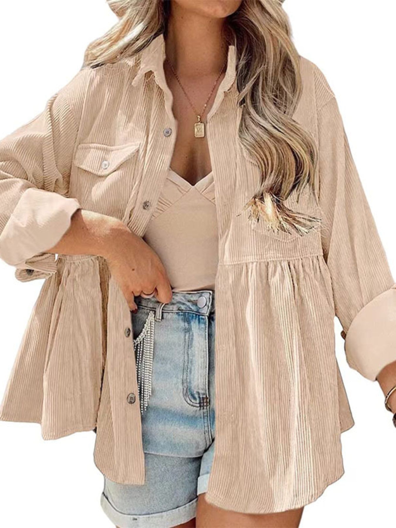 Corduroy Lapel Pocket Jacket, Casual Long Sleeve Button Down Fashion Single Breasted Loose Outerwear