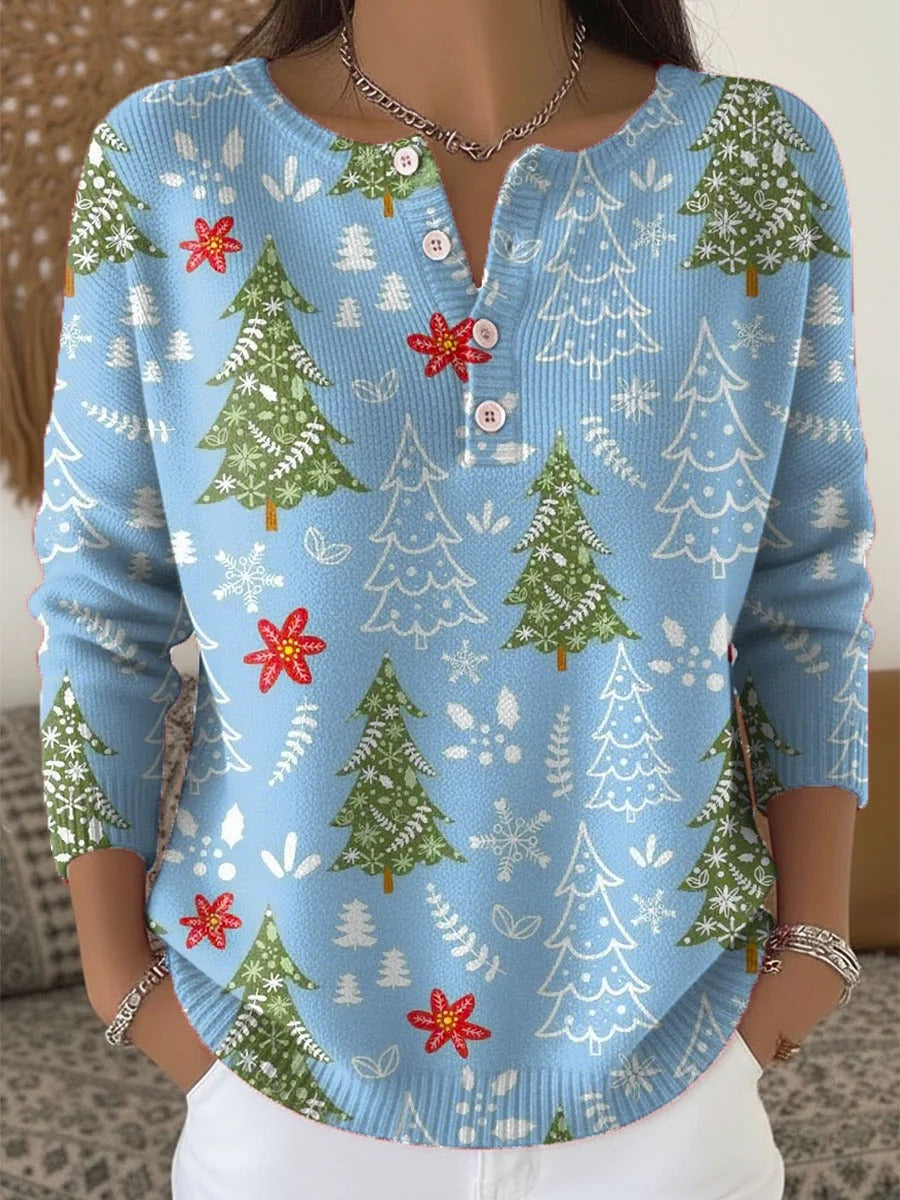 Christmas Green Tree Art Print Buttoned Sweater Tee