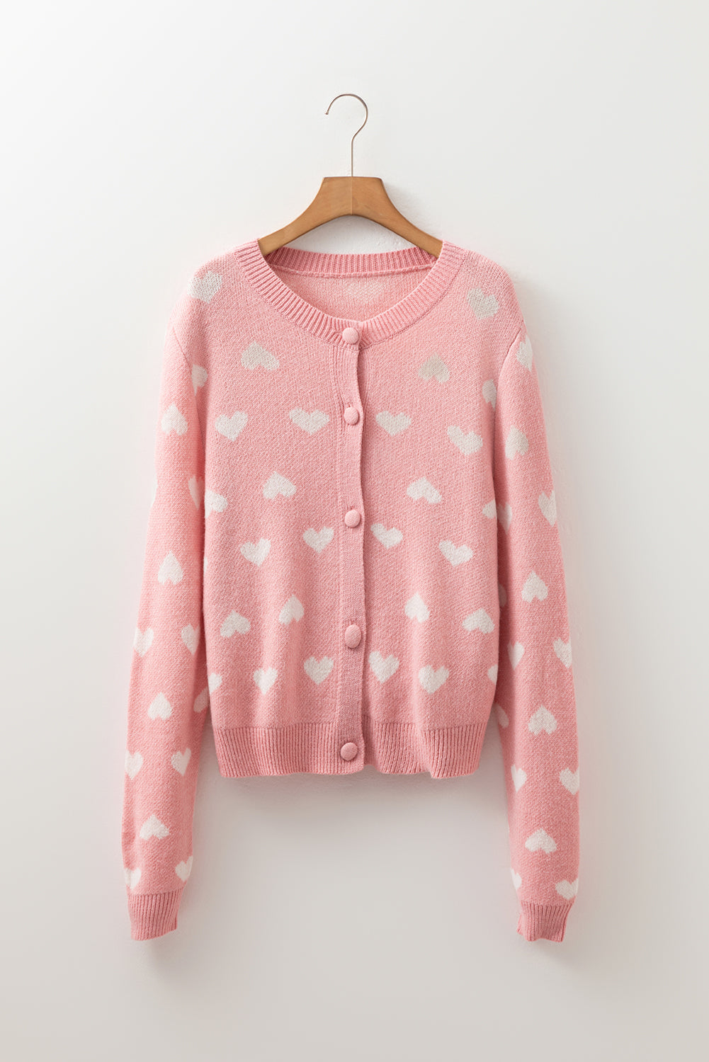 Light Pink Heart Pattern Button Front Cardigan Sweater