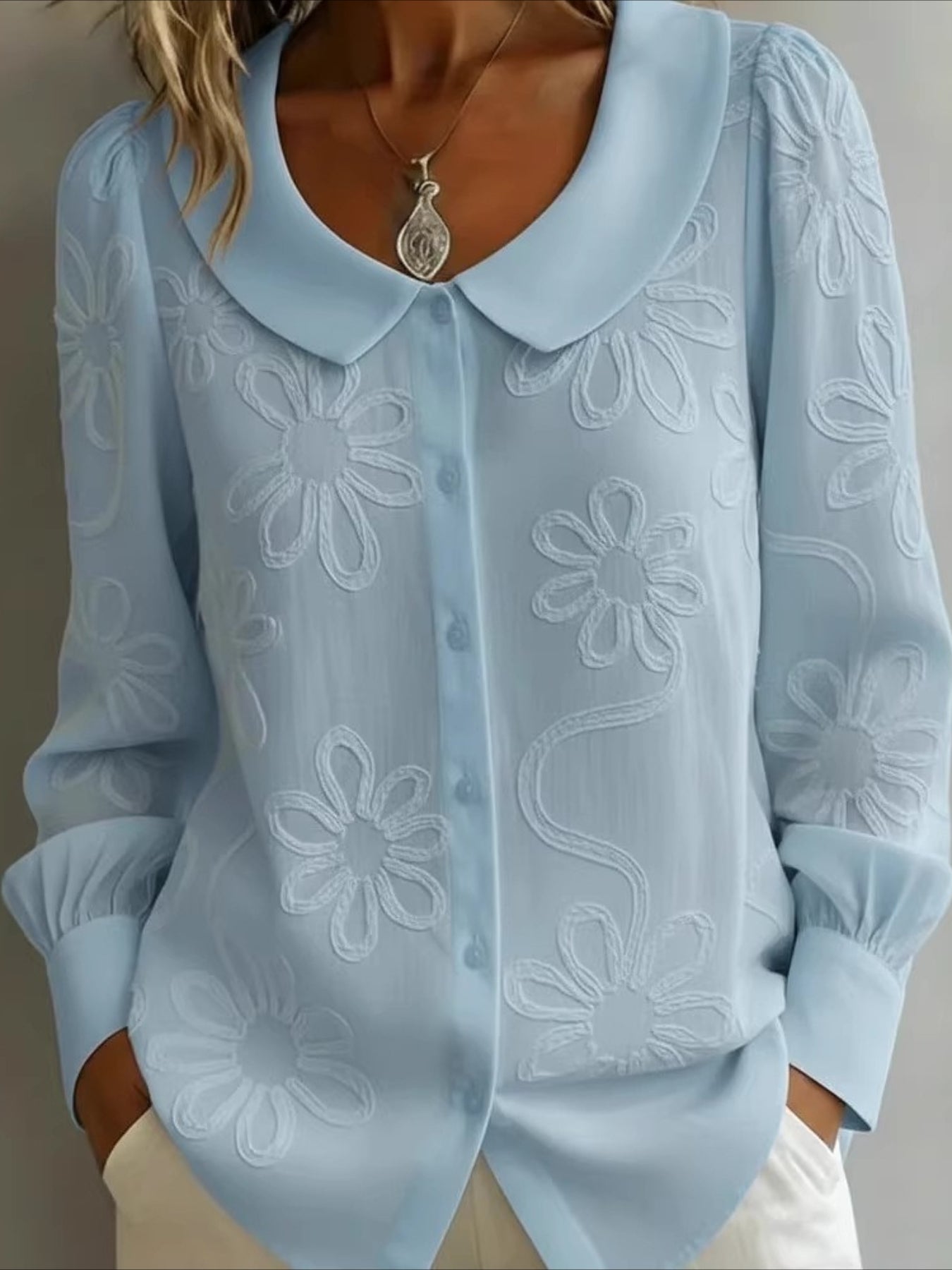 Embroidery Floral Long Sleeve Crew Neck Button Loose Going Out Casual Top