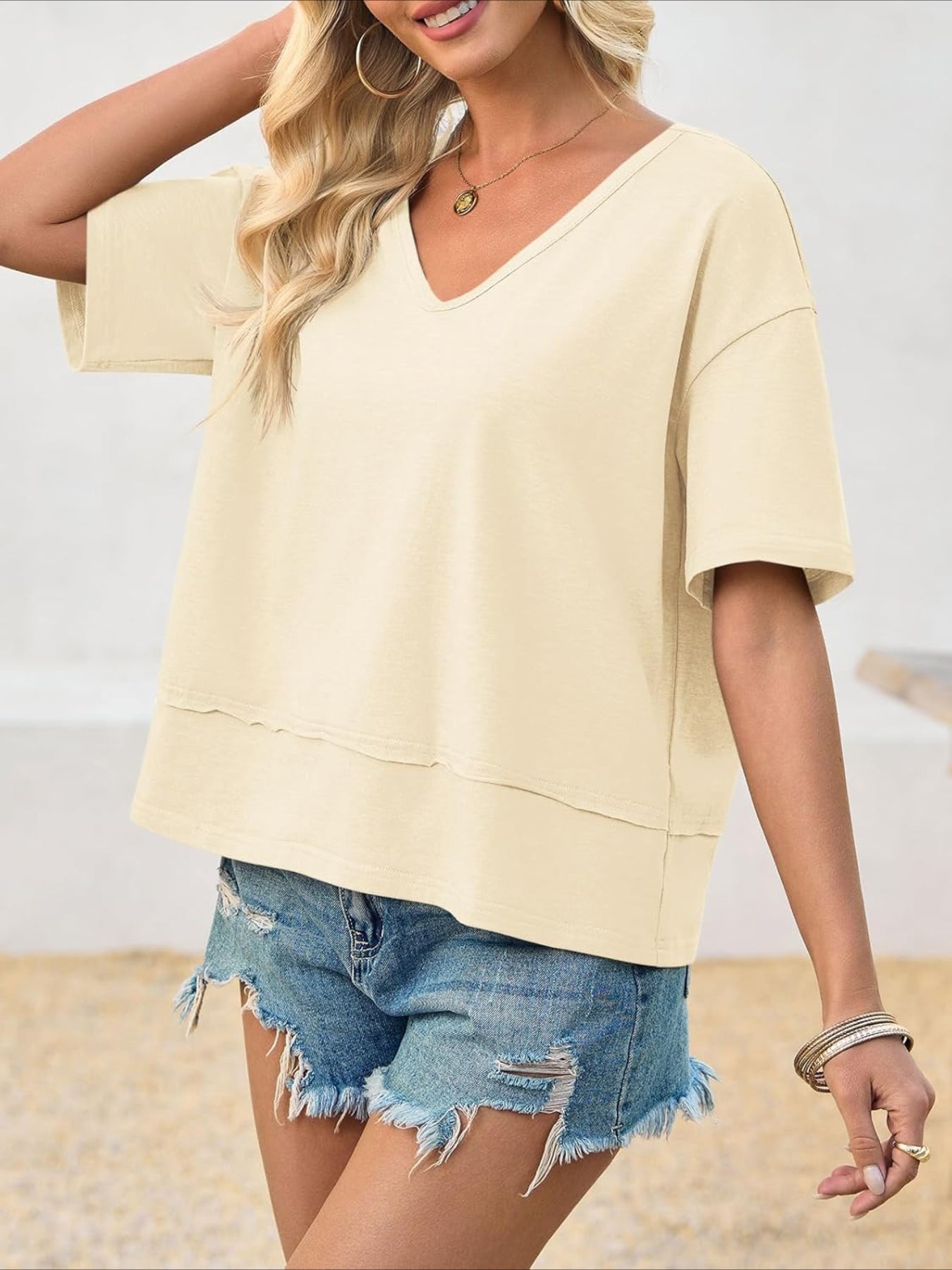 V Neck Casual Short Sleeve Flowy Cute Loose Fit Basic Tees