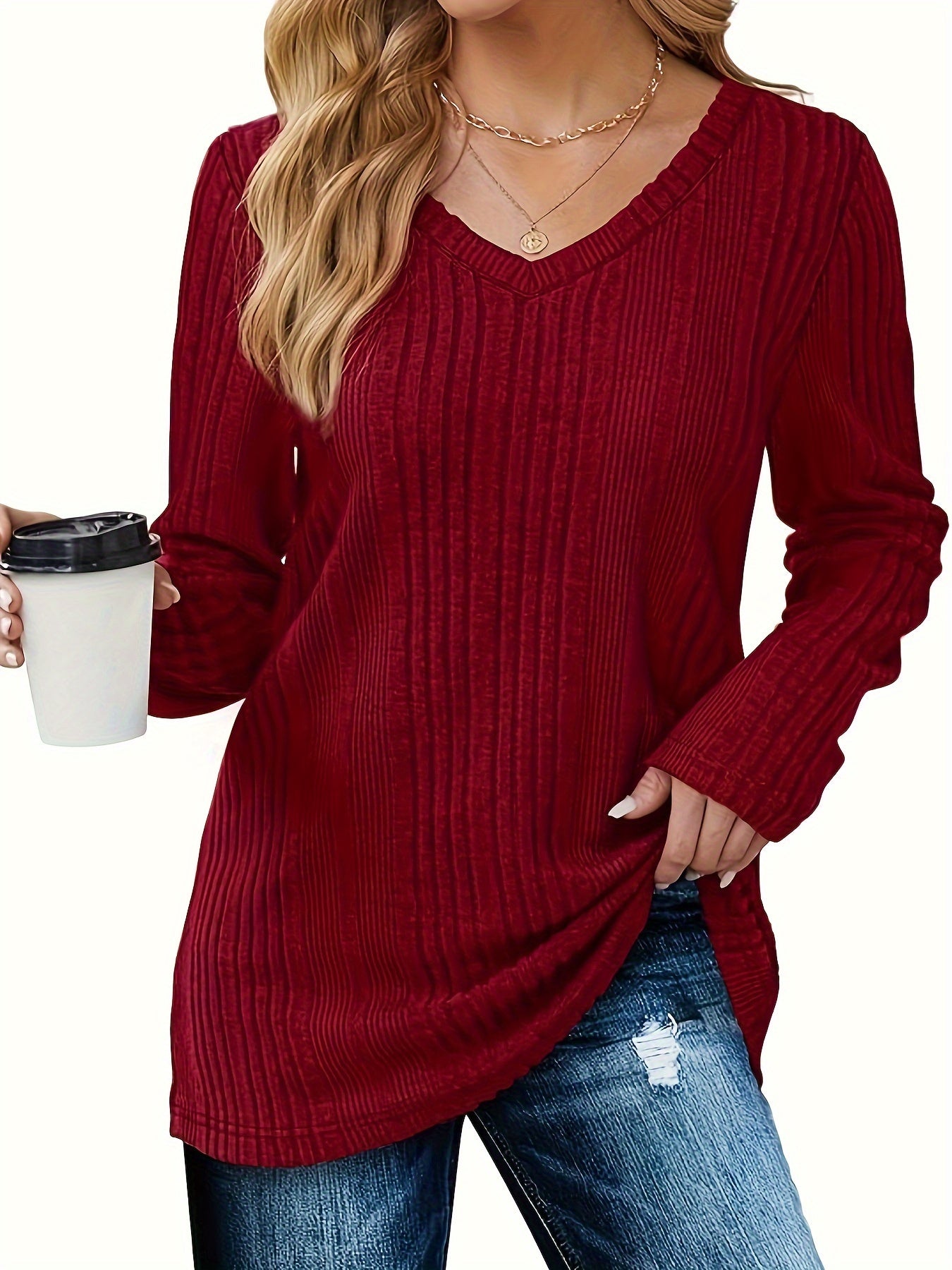 Elegant Women's V-Neck Long Sleeve T-Shirt - Soft Polyester & Spandex Blend, Machine Washable