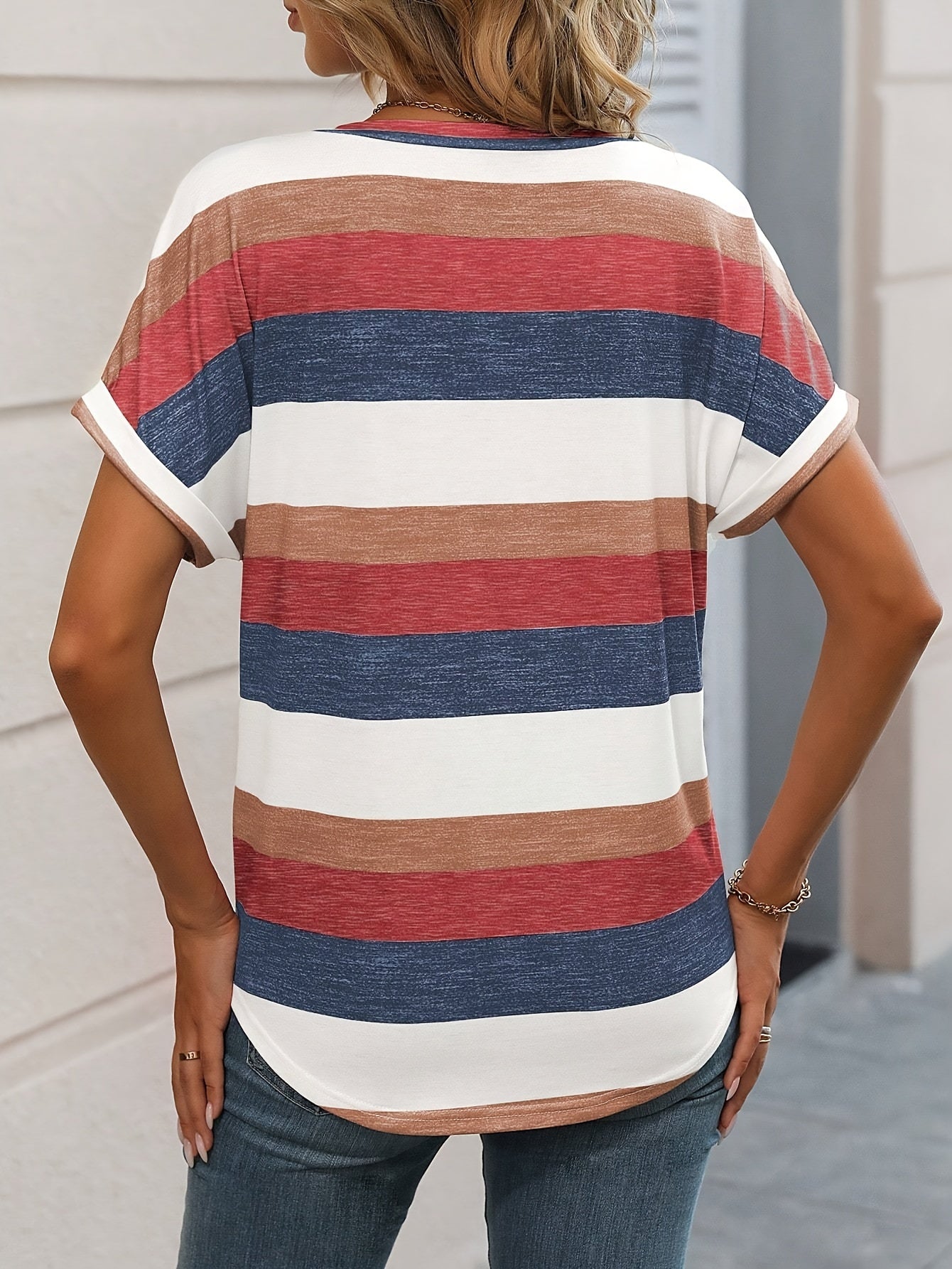Stripe Print V Neck T-Shirt, Casual Short Sleeve T-Shirt