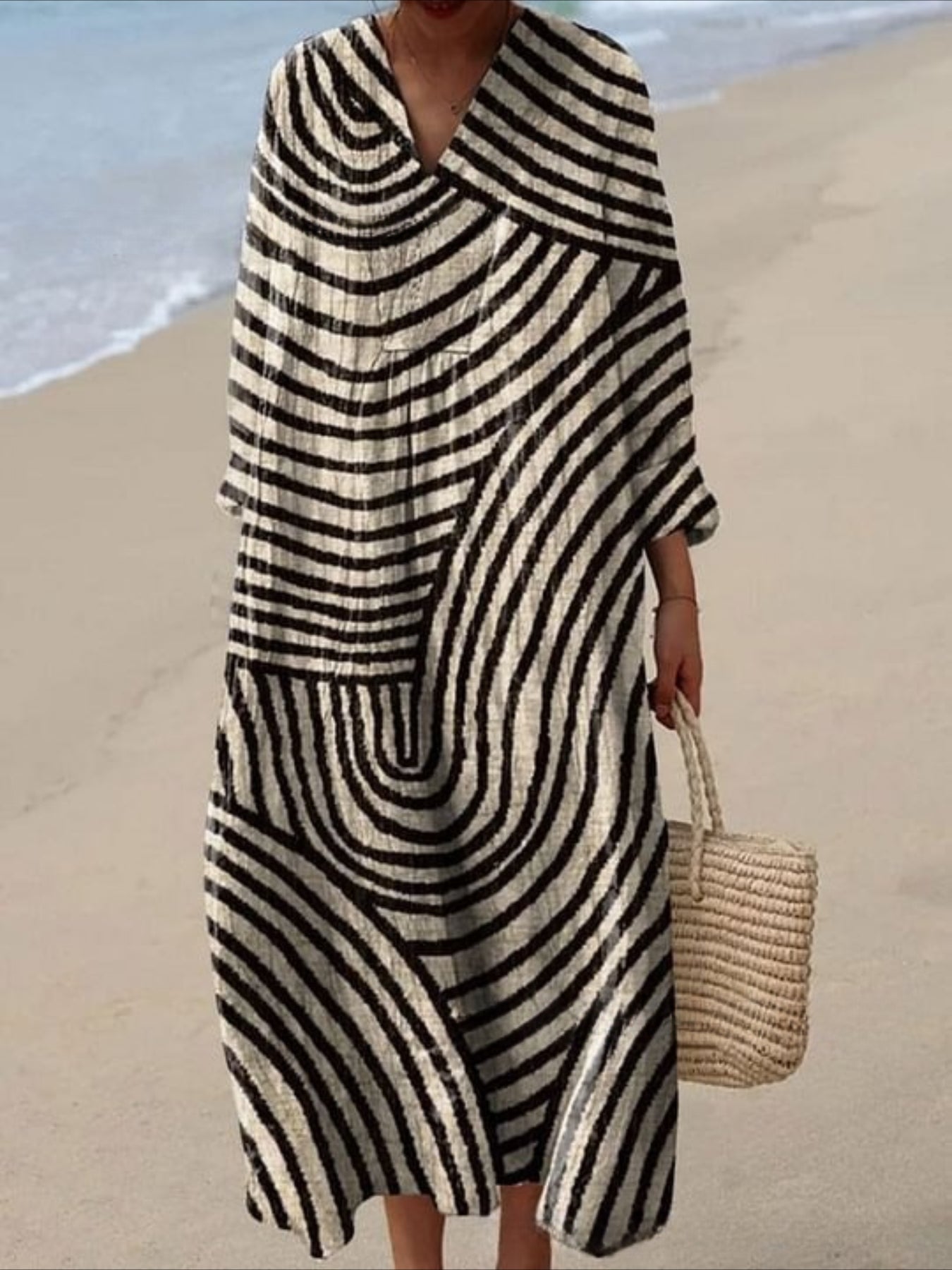 Graphic Geometric Stripe Long Sleeve V Neck Crew Neck Pullover Midi Dress