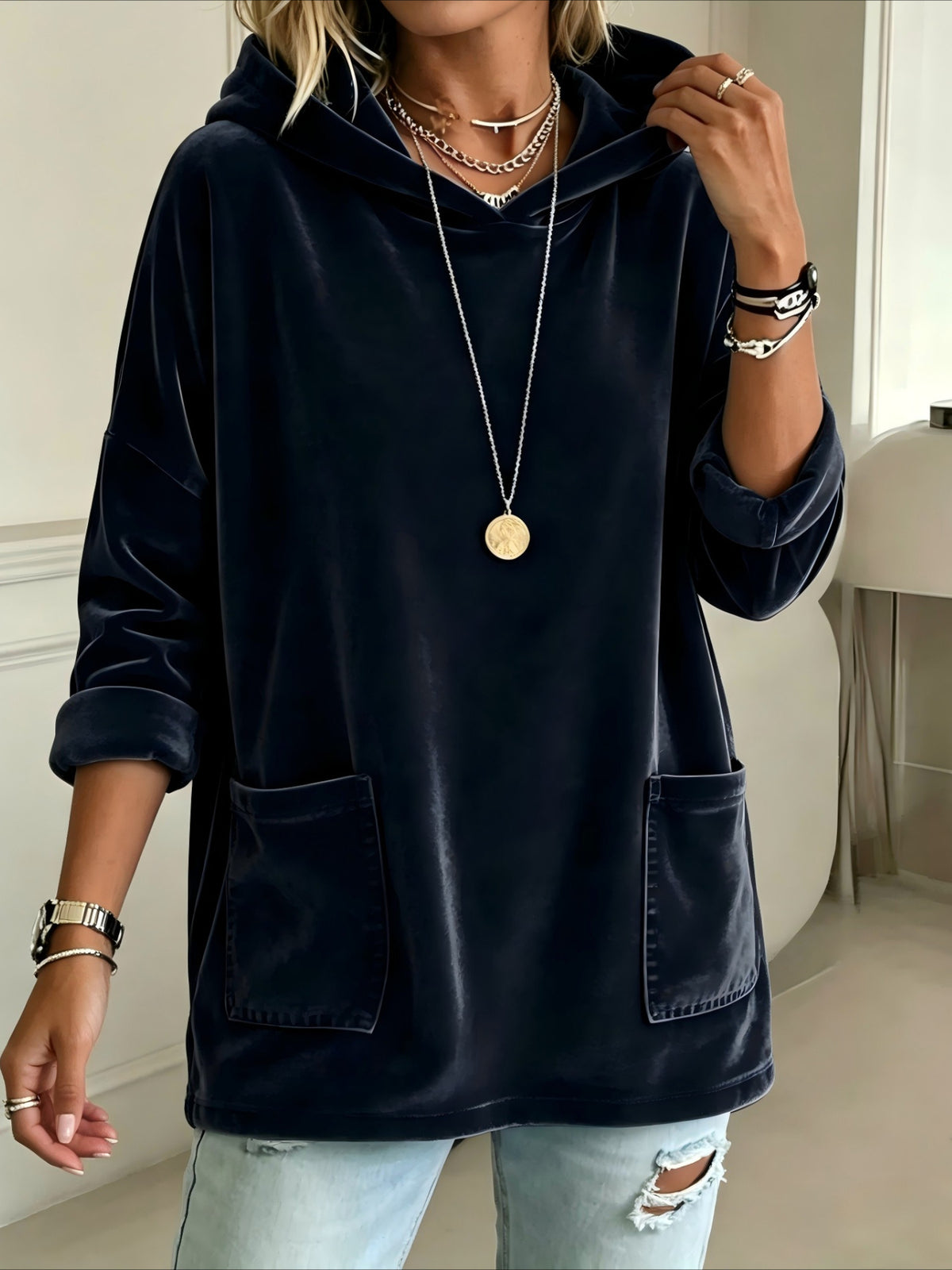Relaxed Fit Long Sleeve Velvet Hoodie with Pockets