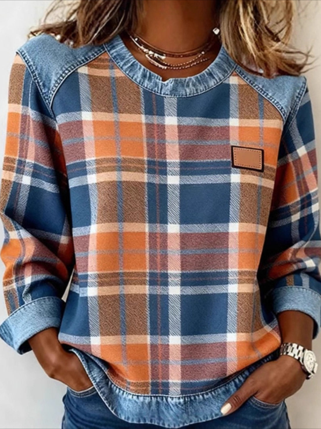 Plaid Vintage Stylish Long Sleeve Crew Neck Regular Tops