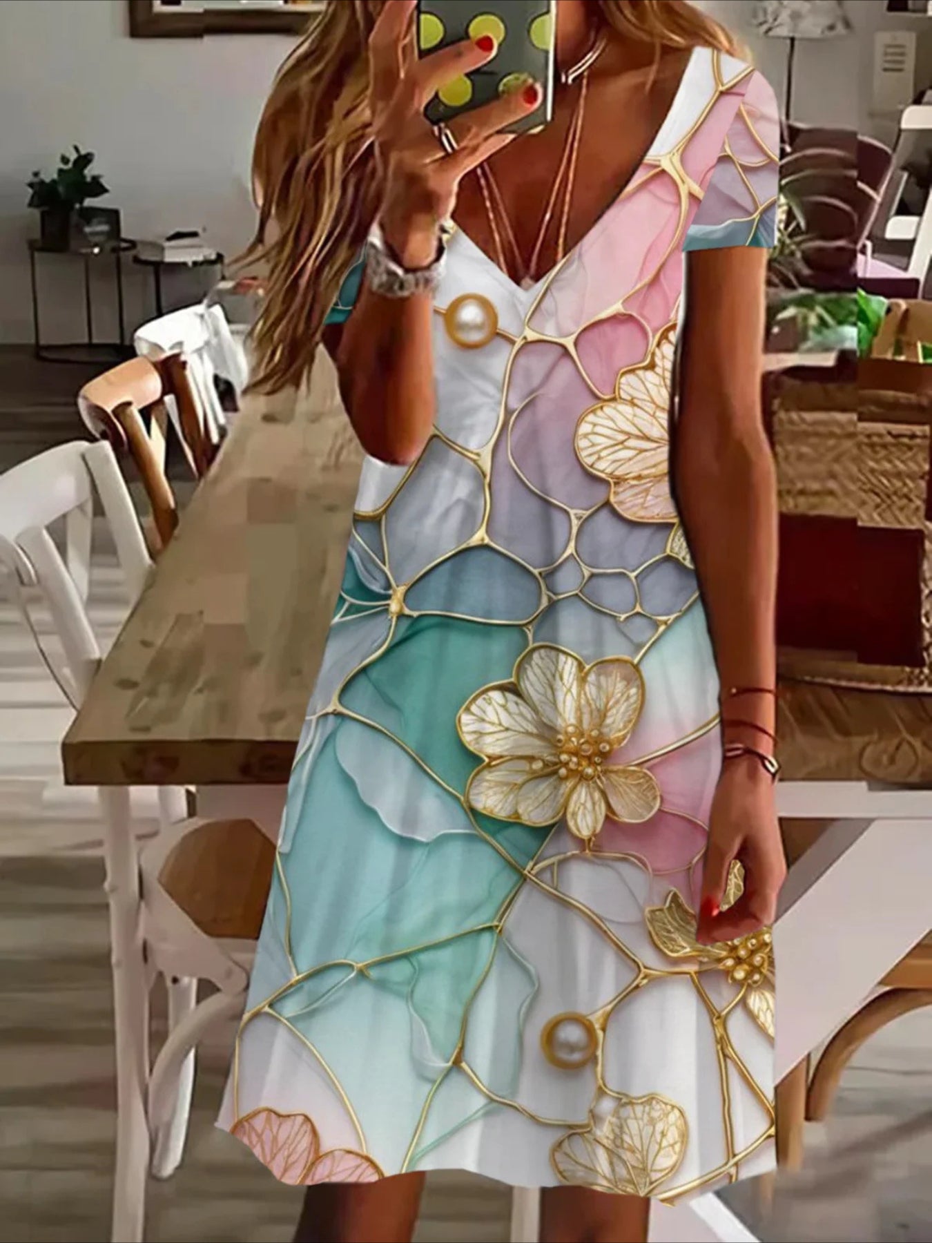 Loose V-neck Printed Short Sleeve Dress