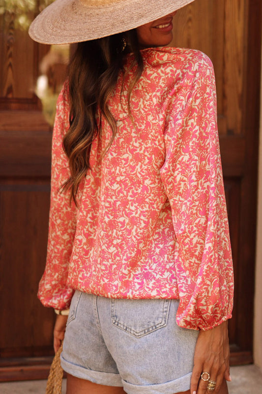 Pink Bubble Sleeve Floral Shirt with Lace up