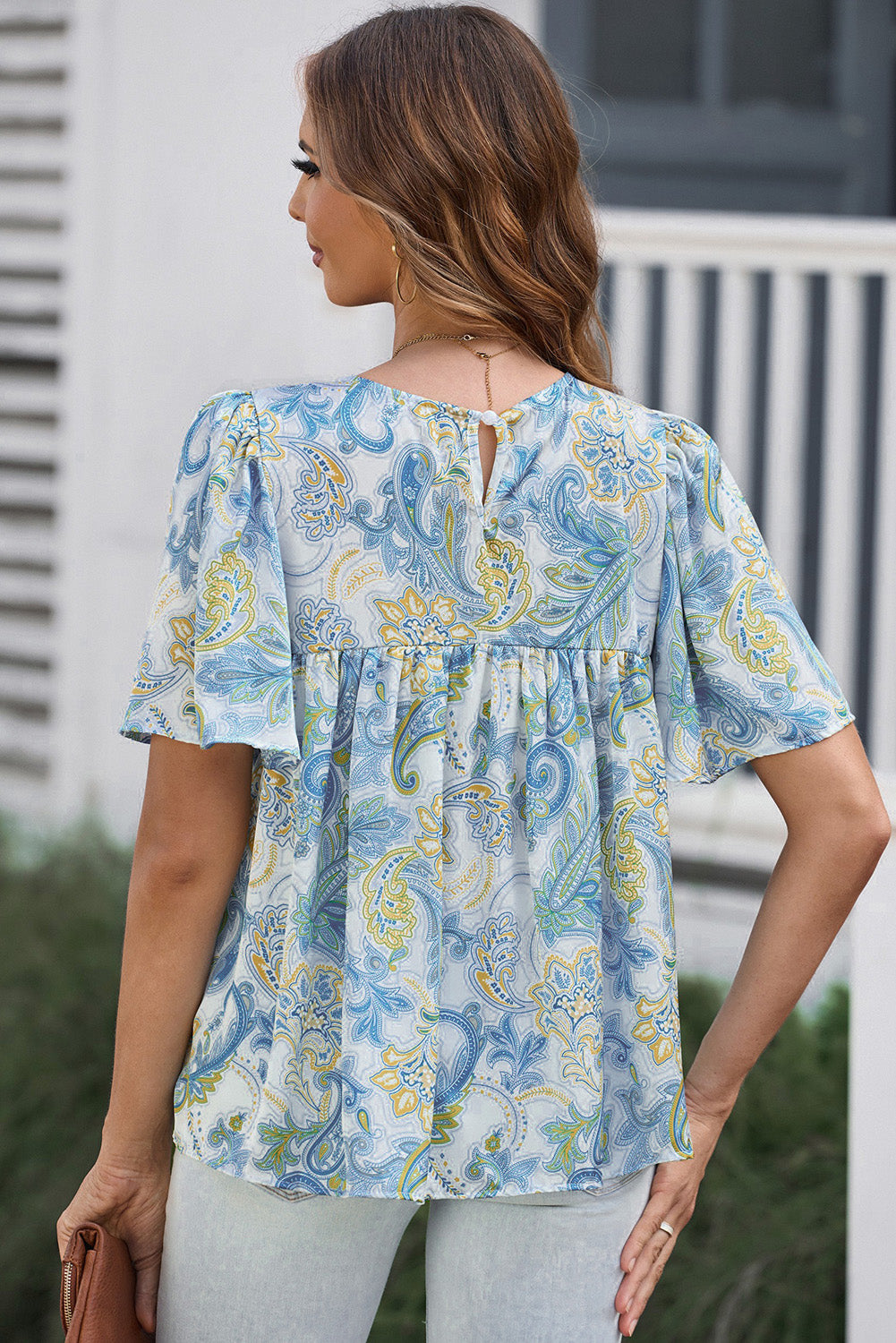 Sky Blue Paisley Print Wide Sleeves Loose Blouse