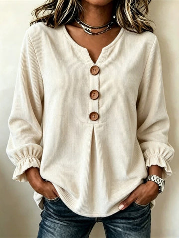 V Neck Corduroy Button-up Ruffle Long Sleeve Shirt
