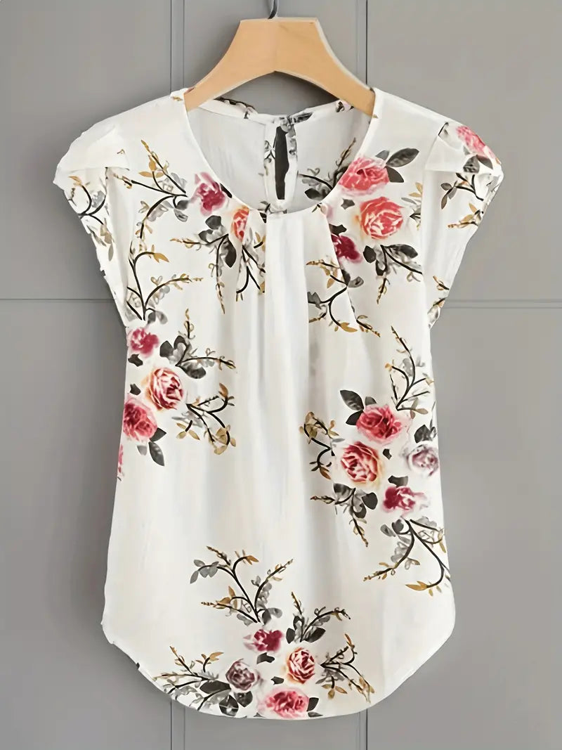 Vintage Floral Print Blouse, Elegant Crew Neck Petal Sleeve Keyhole Blouse