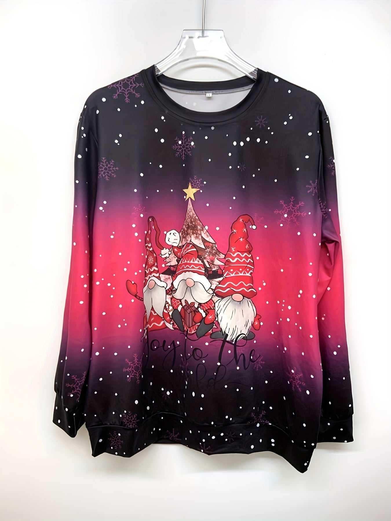 Christmas Top, Women's Christmas Dwarf & Slogan Print Ombre Long Sleeve Round Neck Slight Stretch Top
