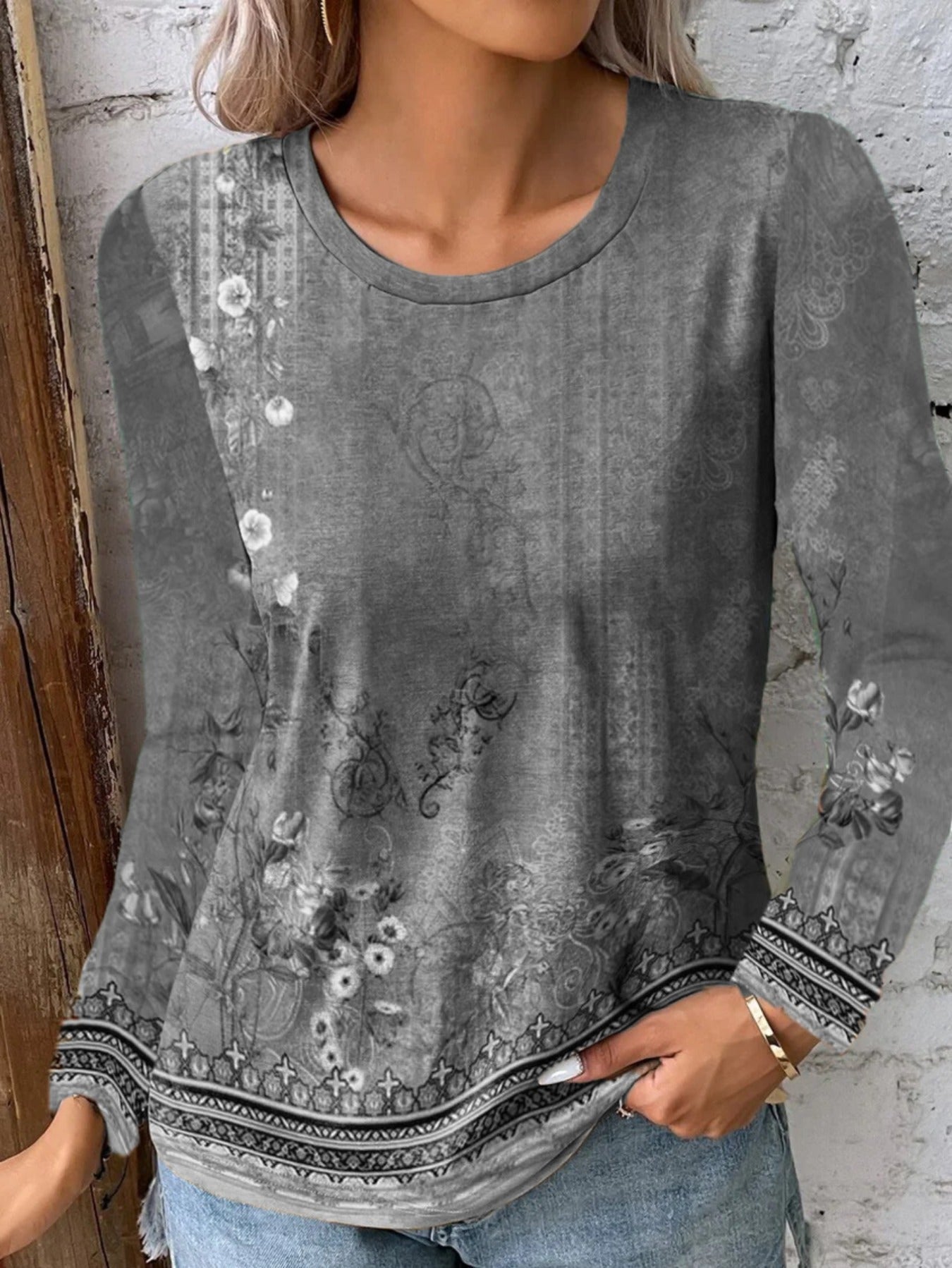Floral Print Crew Neck T-Shirt, Casual Long Sleeve Top