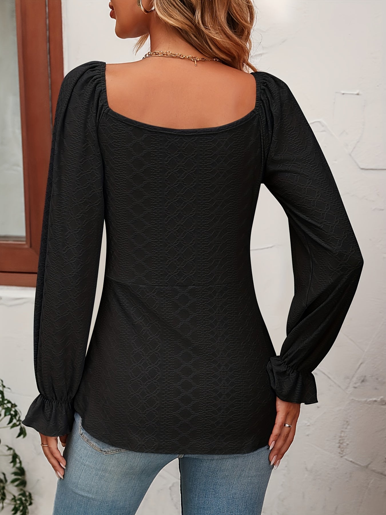 Jacquard Drawstring Front V Neck T-Shirt, Casual Long Sleeve Top
