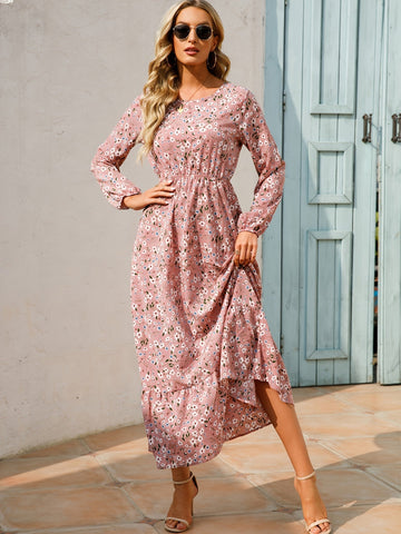 Bohemian Flowy Ruffle Long Dress, Casual Floral Print Long Sleeve Crew Neck Waist Long Dresses