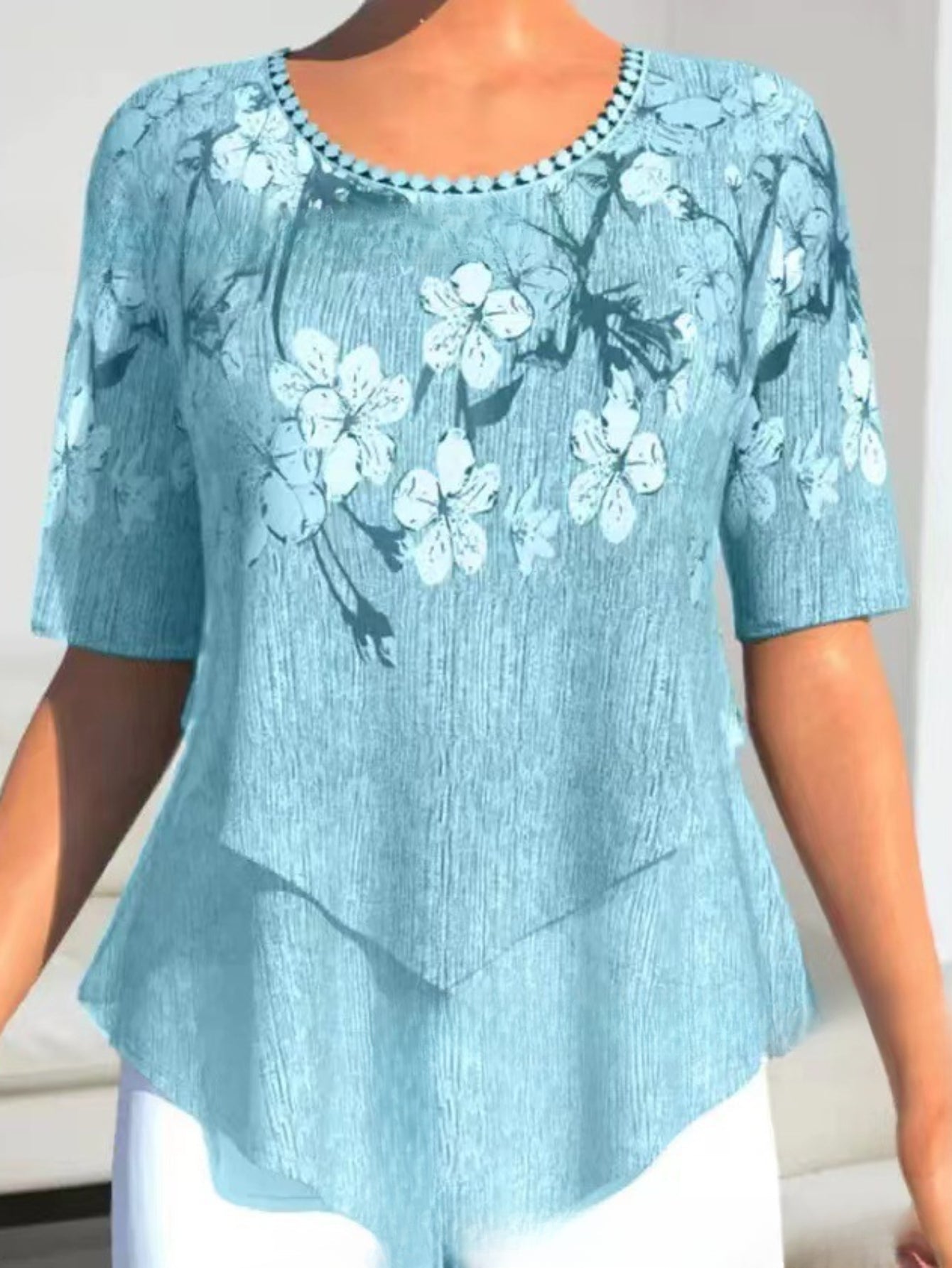 Floral Print Top, Casual Irregular Hem Crew Neck Short Sleeve Top
