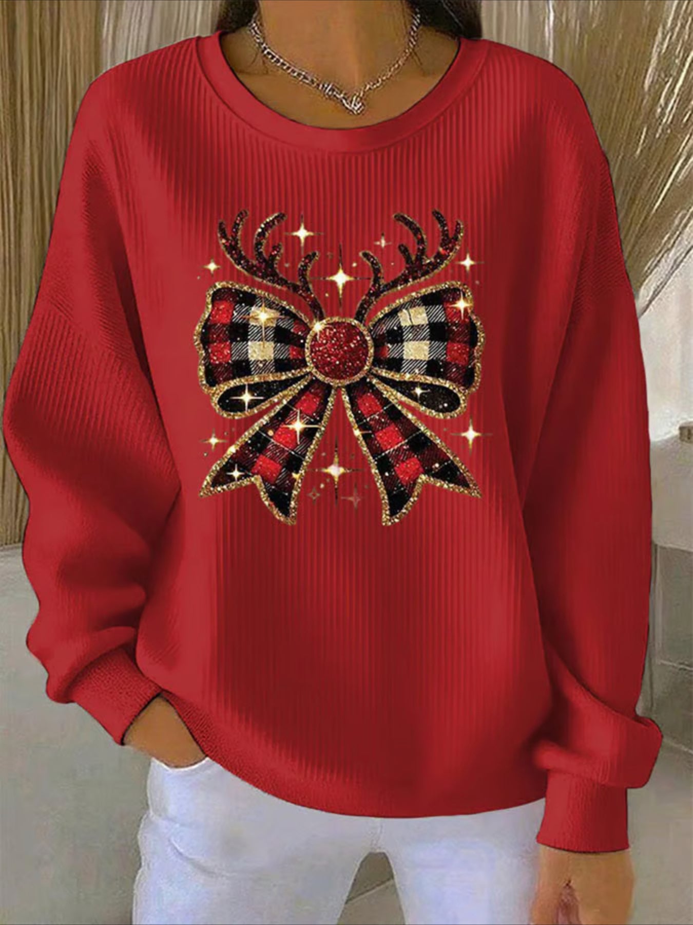 Christmas Printed Crew Neck Floral Long Sleeve Sweater Hoodie
