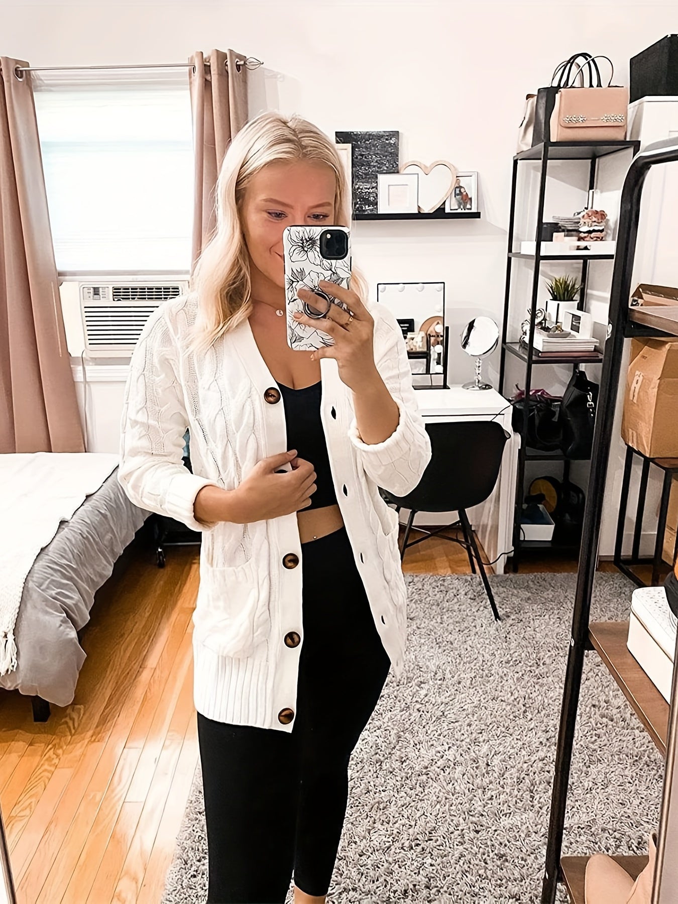 Cable Knit Button Front Cardigan, Casual Solid Long Sleeve Cardigan