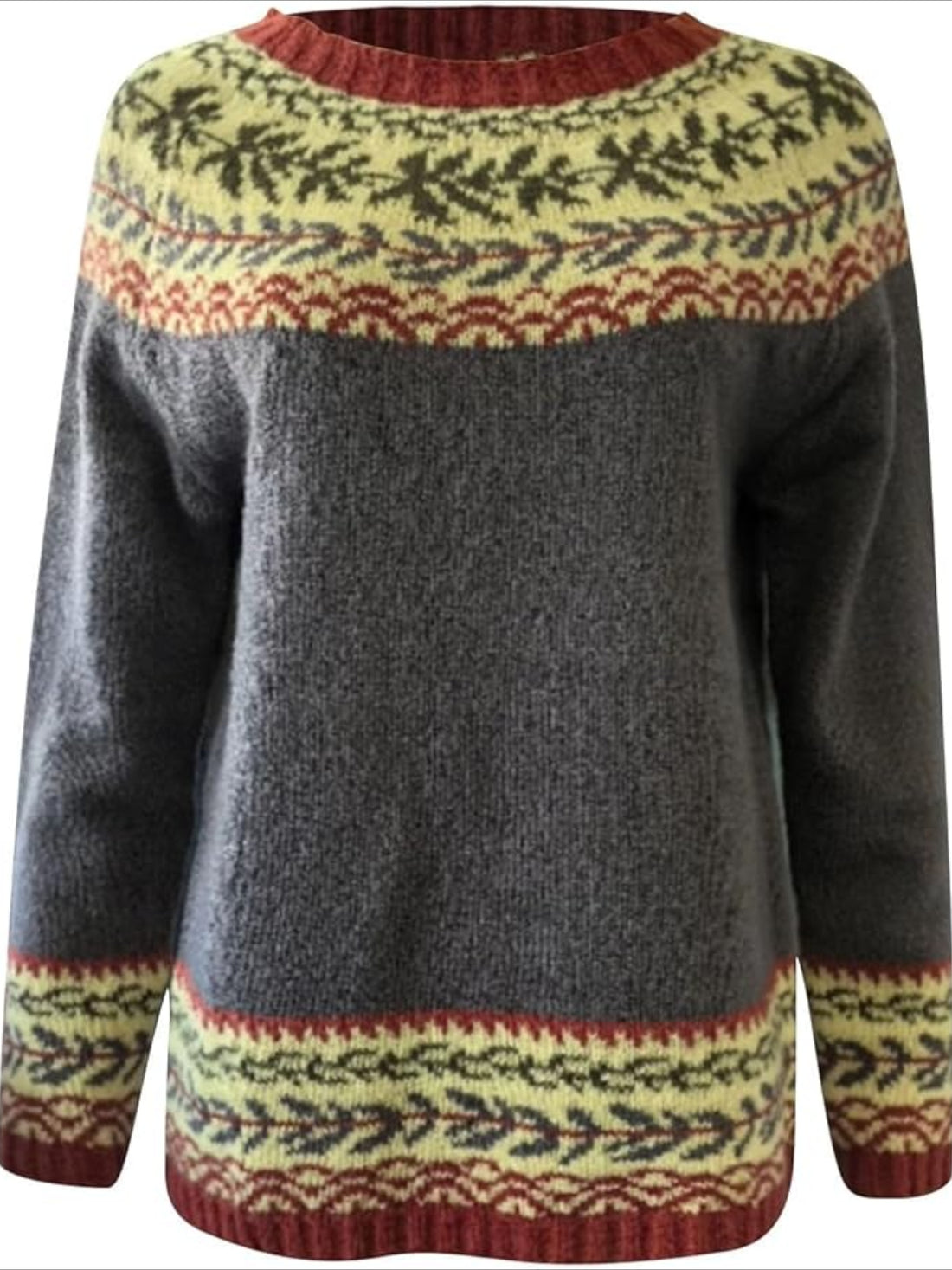 Crew Neck Faire Isle Sweater, Casual Long Sleeve Sweater