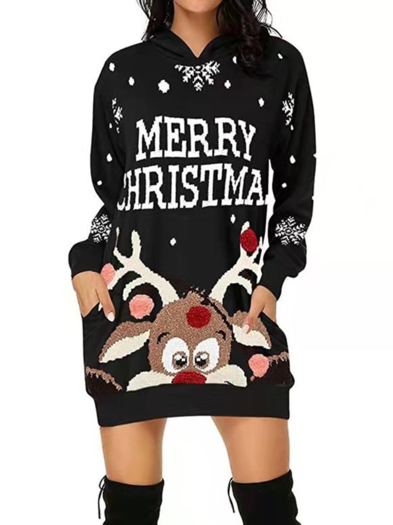 Christmas Print Casual Hoodie Dress Long Sleeve Hooded Dress