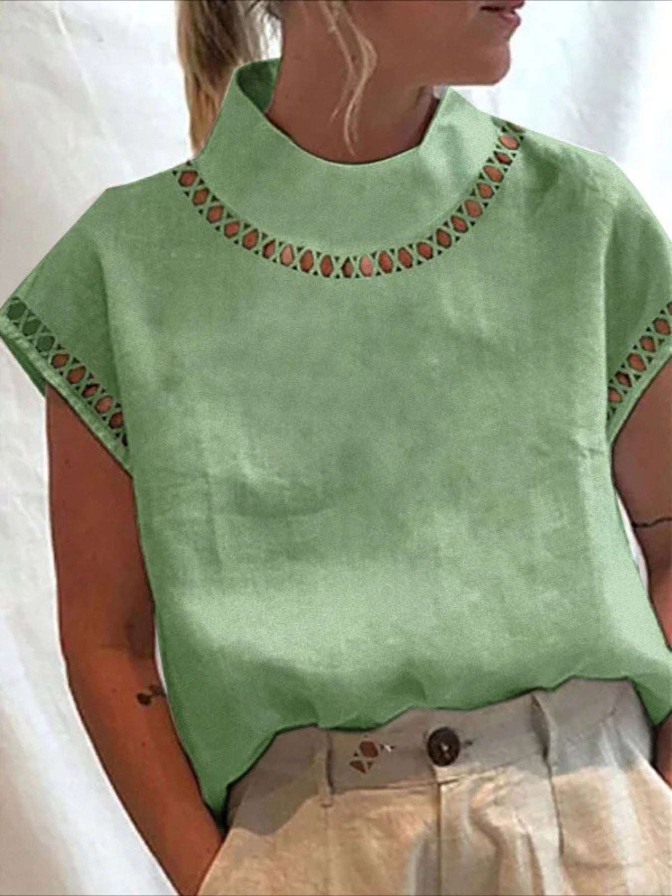 Solid Color Basic Casual Short Sleeve High Neck Regular Tops