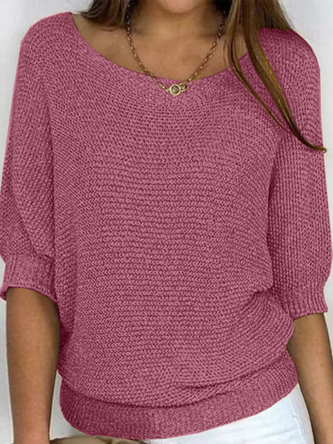 Solid Simple Knit Sweater, Casual Crew Neck 3/4 Sleeve Sweater