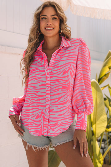 Pink Zebra Stripes Print Lantern Sleeve Shirt