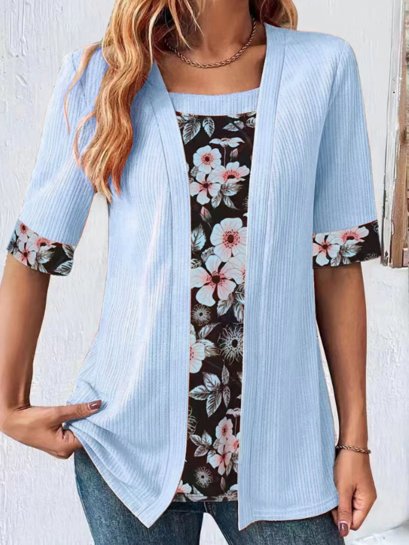 Ladies' Floral Print Fake Two Piece T-Shirt With Square Neckline