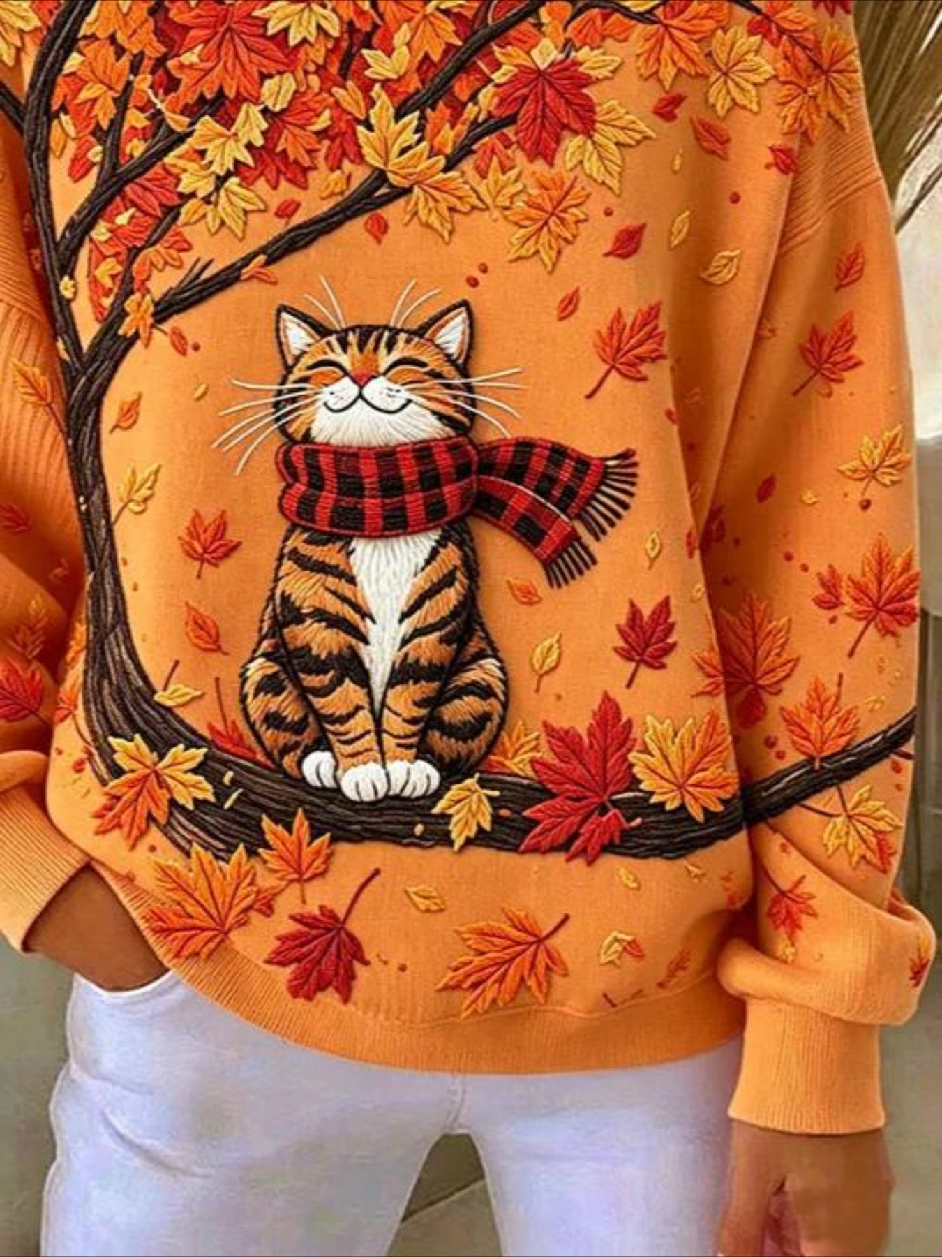 Maple Leaf Printing Crew Neck Floral Long Sleeve Comfy Casual Sweater Tee