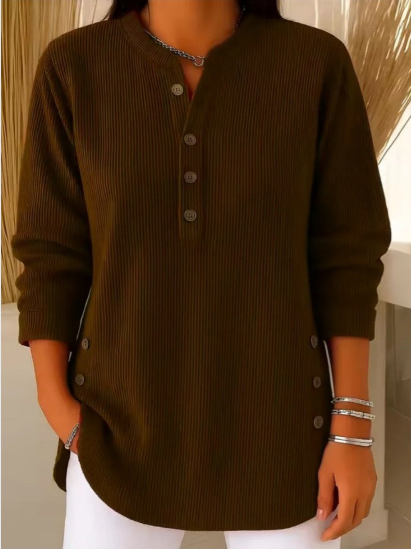 Corduroy Solid Color Loose Casual V-Neck Button Long Sleeve Top
